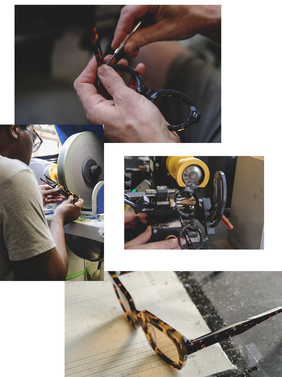 A photo collage of various steps of putting a pair of sunglasses together.