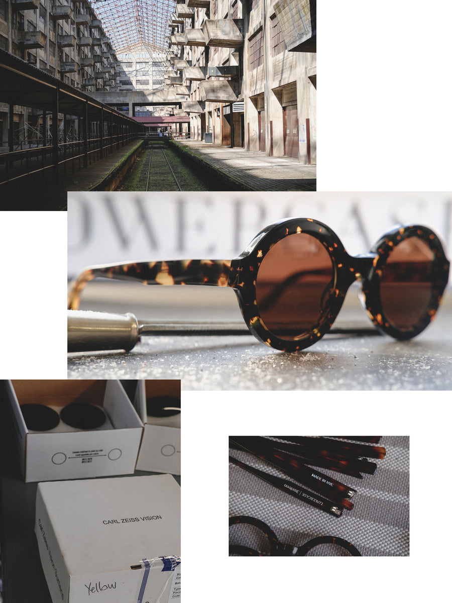 A photo collage of a pair of eyeglasses being manufactured in a large Brooklyn concrete space.