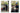 A diptych of two men eating meat skewers in a park.