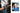 A diptych of a man holding a bottle of alcohol and some blue suede mules.