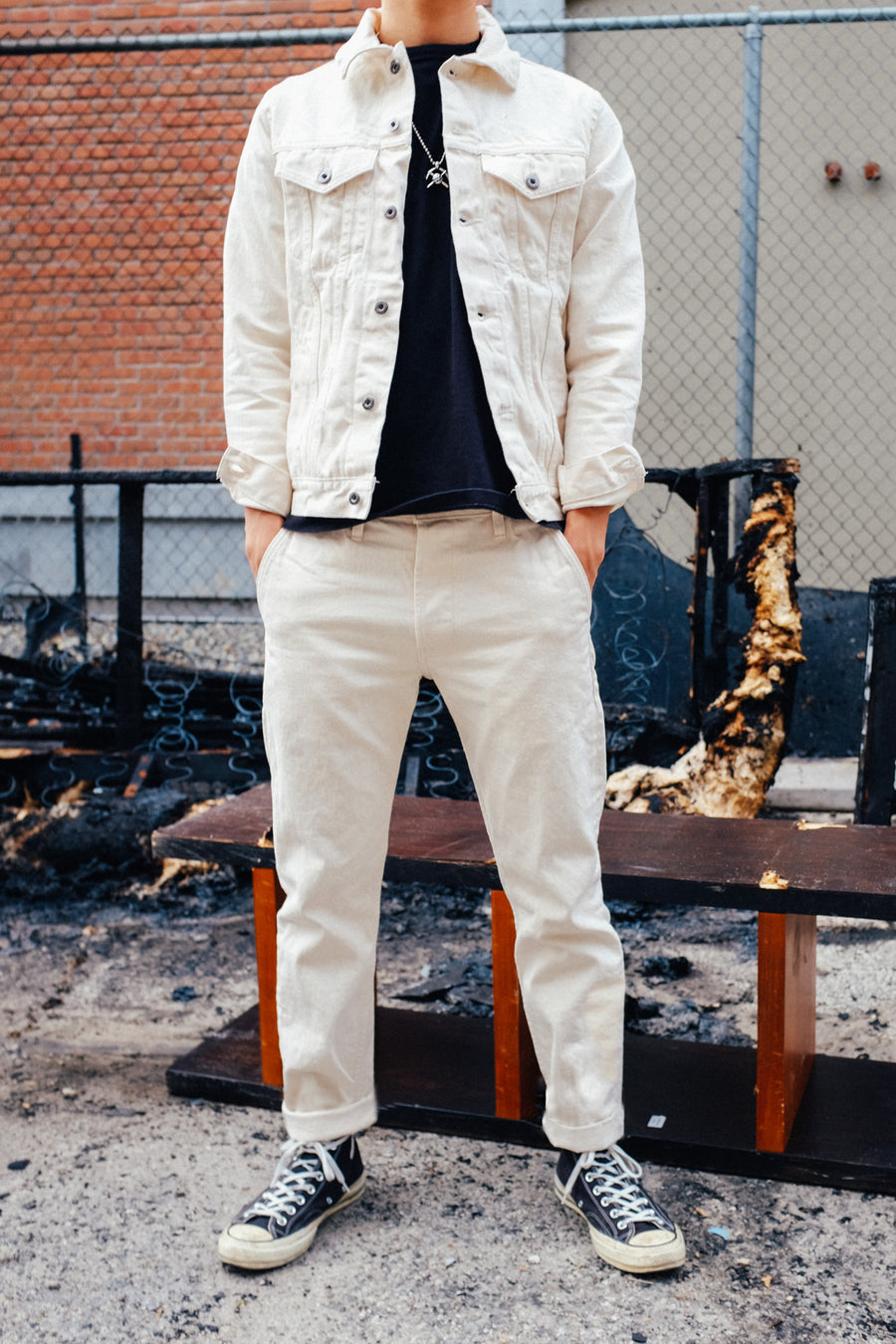 Full body photo showing how the Type 3 jacket and chino fit.
