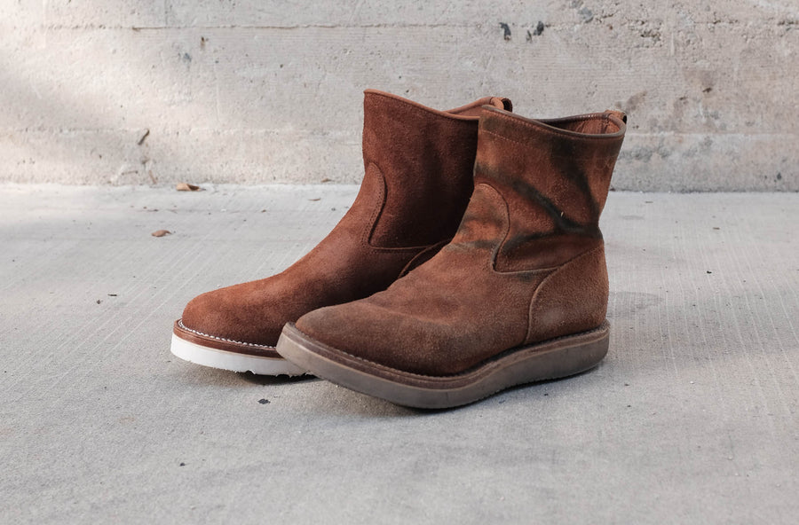Johan Lam's well aged roper boot next to the 3sixteen custom makeup, showing the difference in sole.