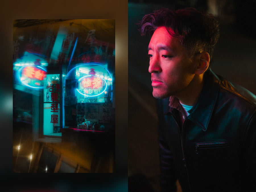 A diptych of a storefront and a man with a red light cast onto his face looking at something intently.