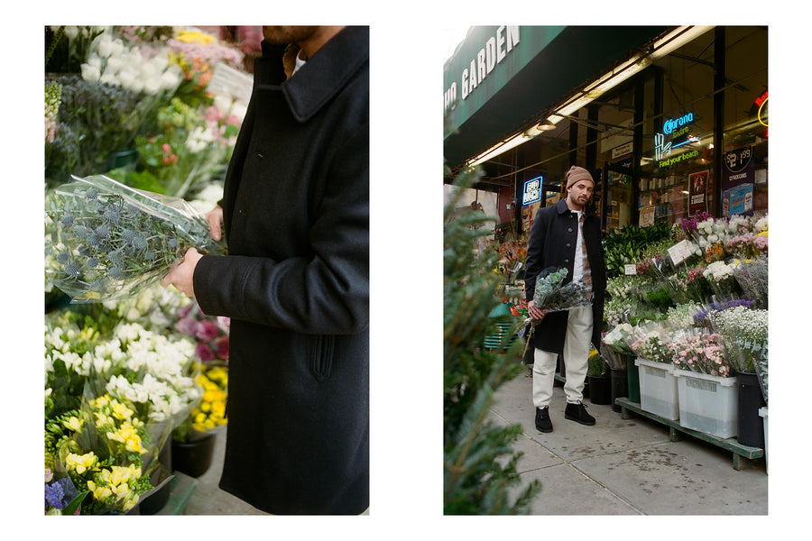 A diptych of a man in a wool overcoat holding some flowers.