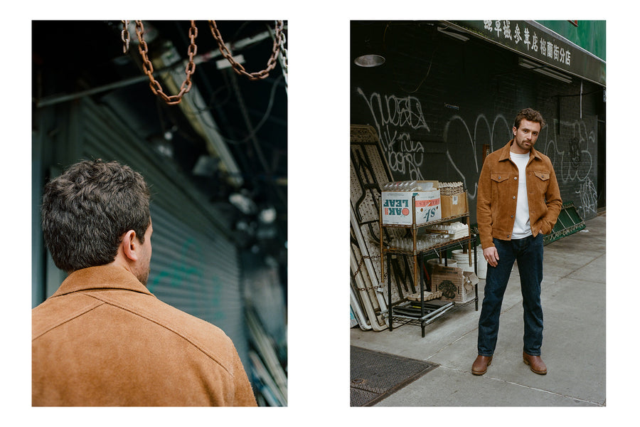 A diptych of a man in a tan suede jacket, white tee and jeans standing on the street.