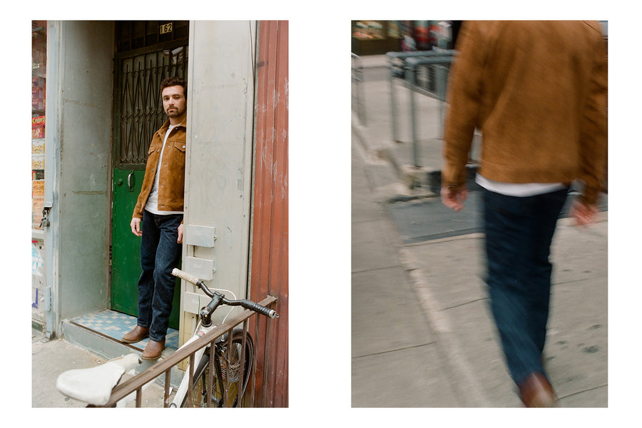 A diptych of a man in a suede jacket standing in a doorway and also walking down the street.