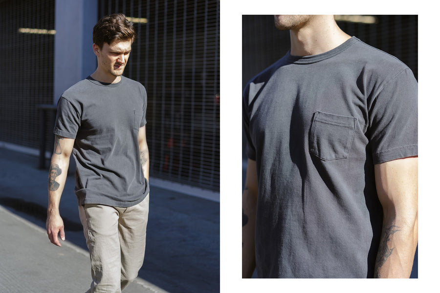 A diptych of a man in an overdyed black tshirt.