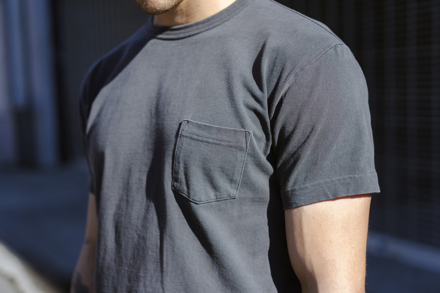 An up close photo of a grey tee.