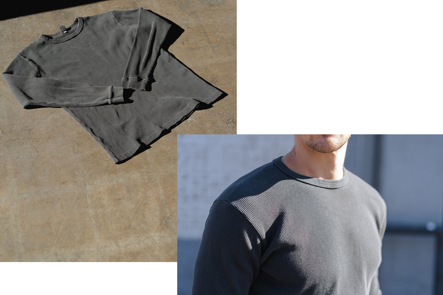 A diptych of a grey thermal on the floor and worn on a model.