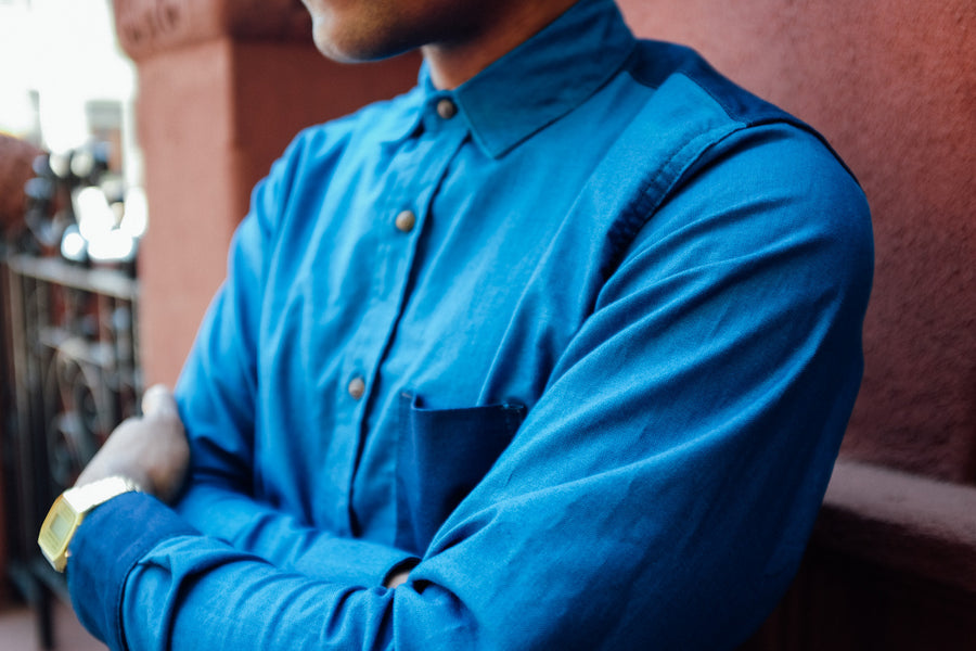 An up close look at the indigo long sleeve button down shirt.