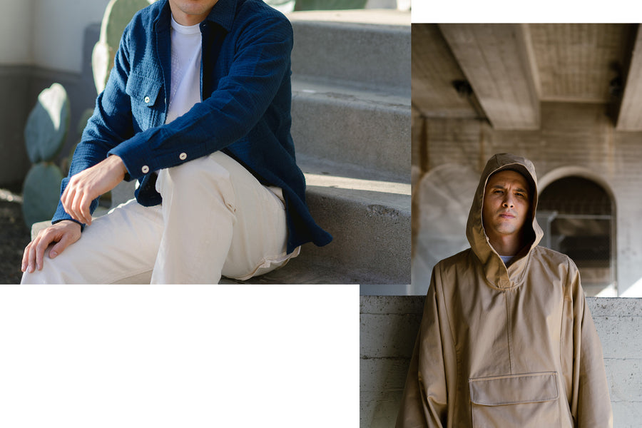A diptych of a man in an indigo shirt and a tan khaki poncho.