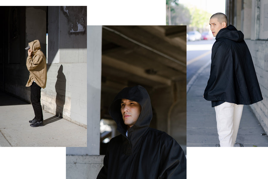 Three photos of a man in a poncho.