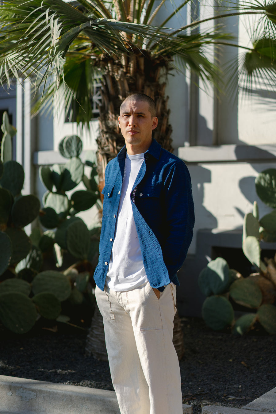 A man in a blue shirt stands with the breeze blowing.