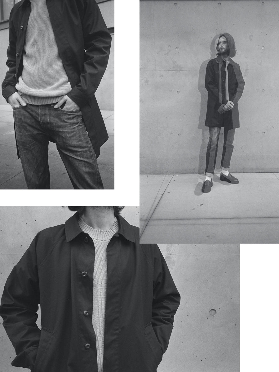 A triptych of photos of a man in a black mac coat and a sweater.