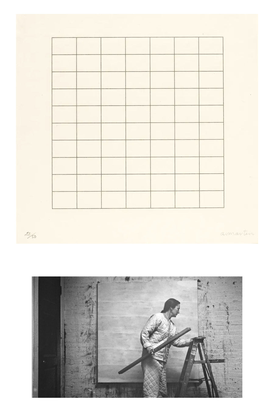 An image of an Agnes Martin grid painting that inspired the print on the back of the shirt.